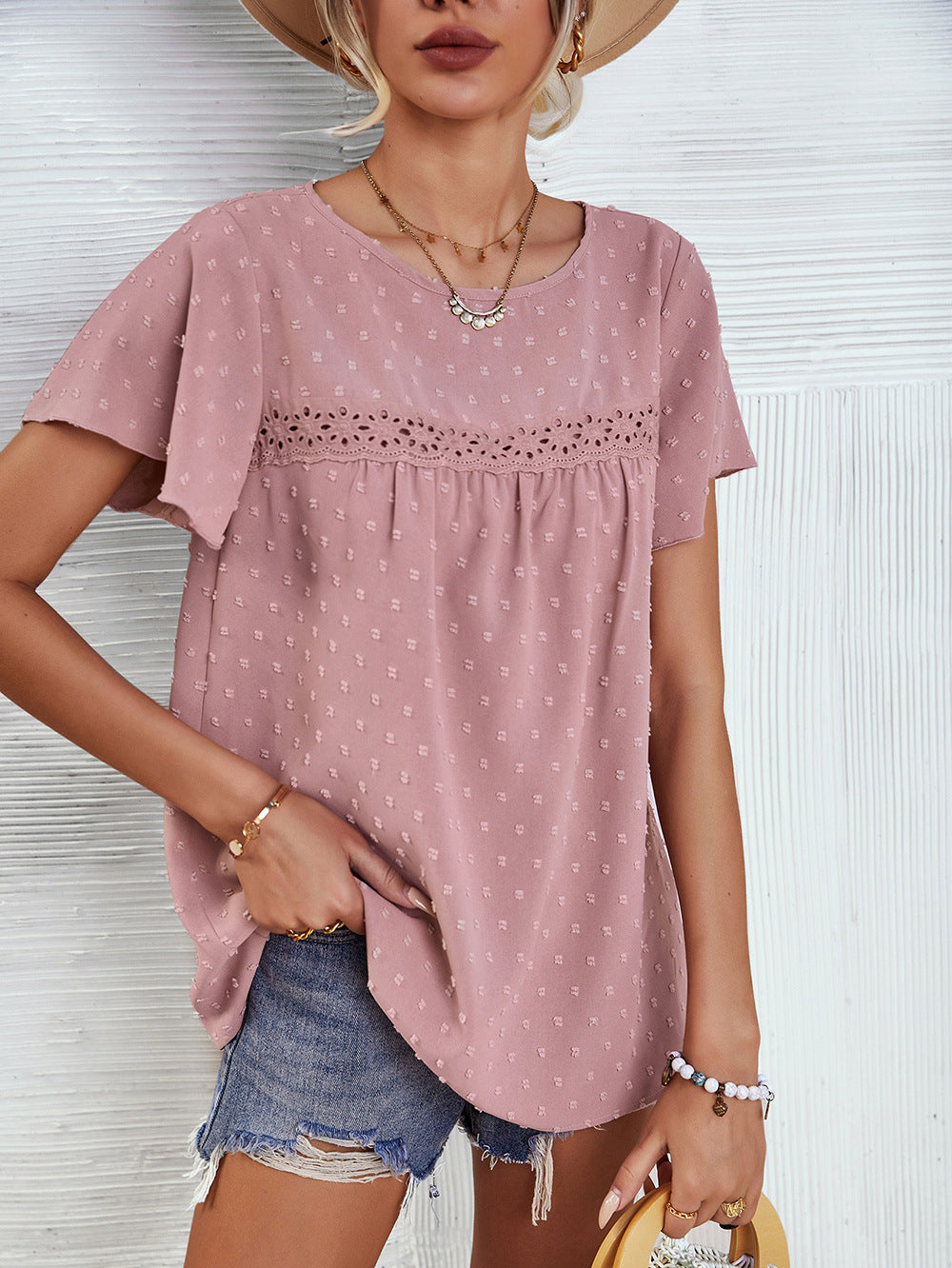 Solid Color Lace Babydoll Short Sleeve Summer Top