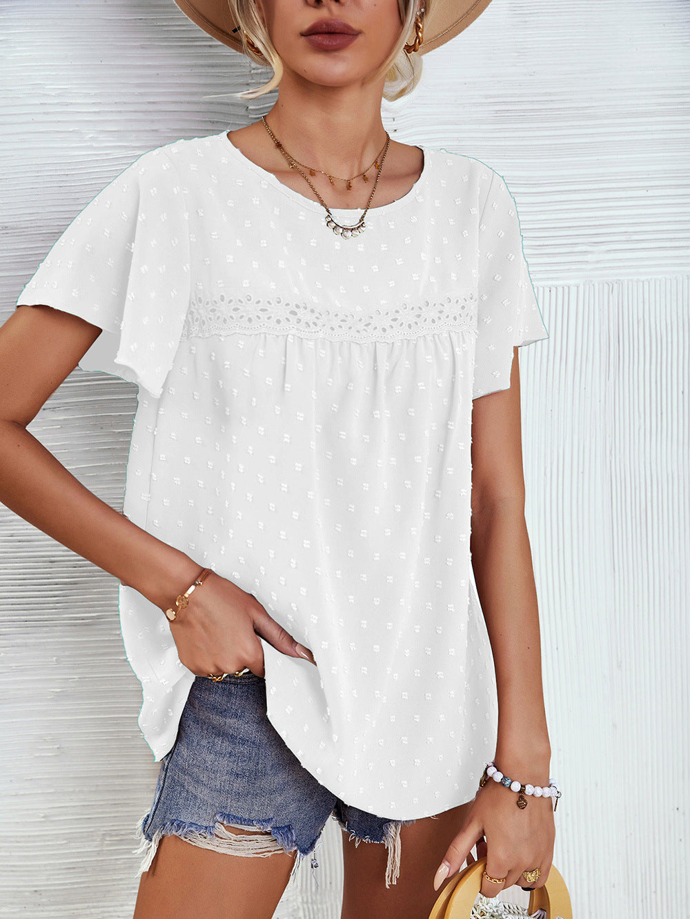 Solid Color Lace Babydoll Short Sleeve Summer Top