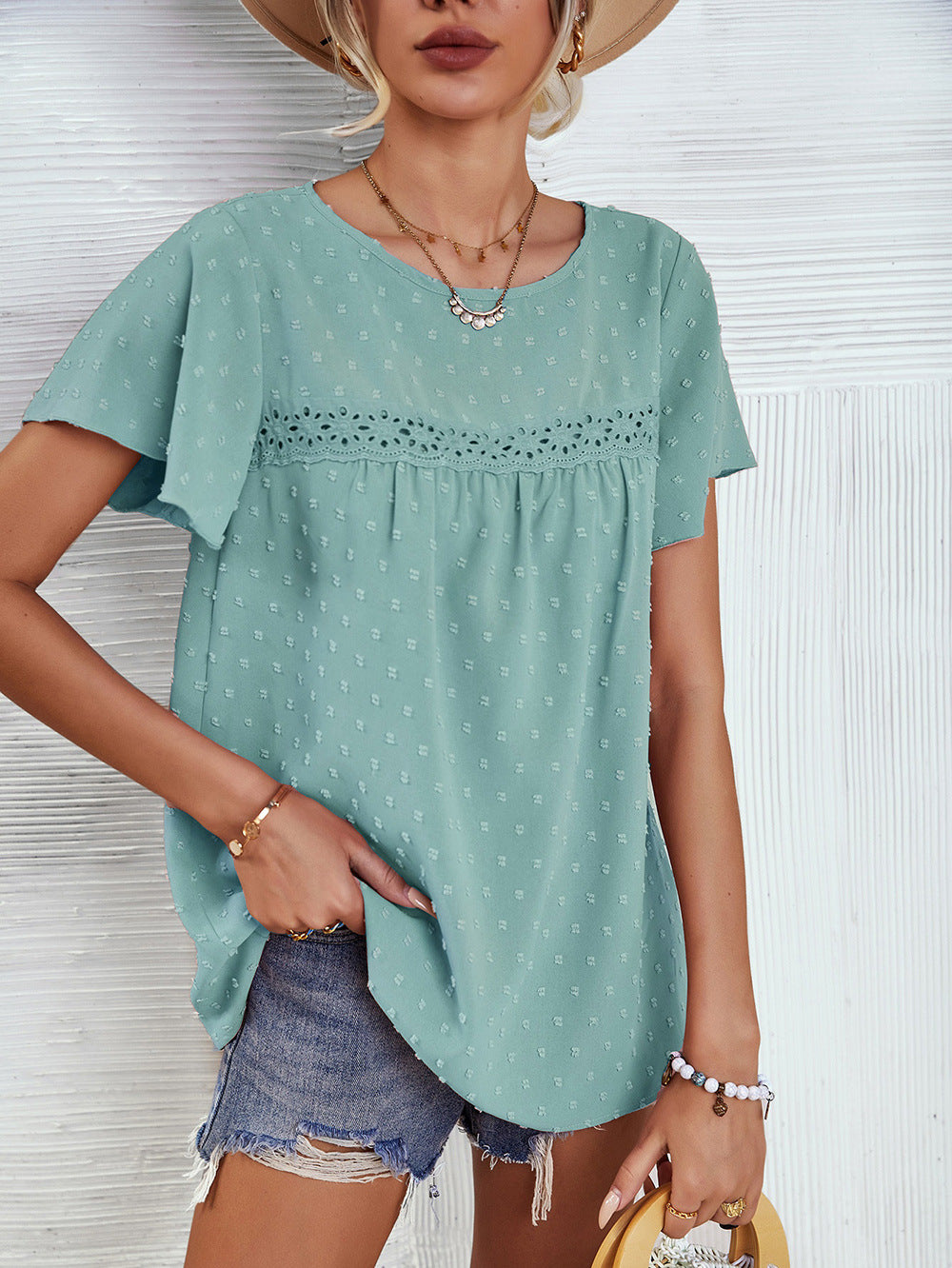 Solid Color Lace Babydoll Short Sleeve Summer Top