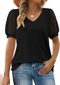 Women's Summer V-Neck Dot Puff Sleeve Casual Top