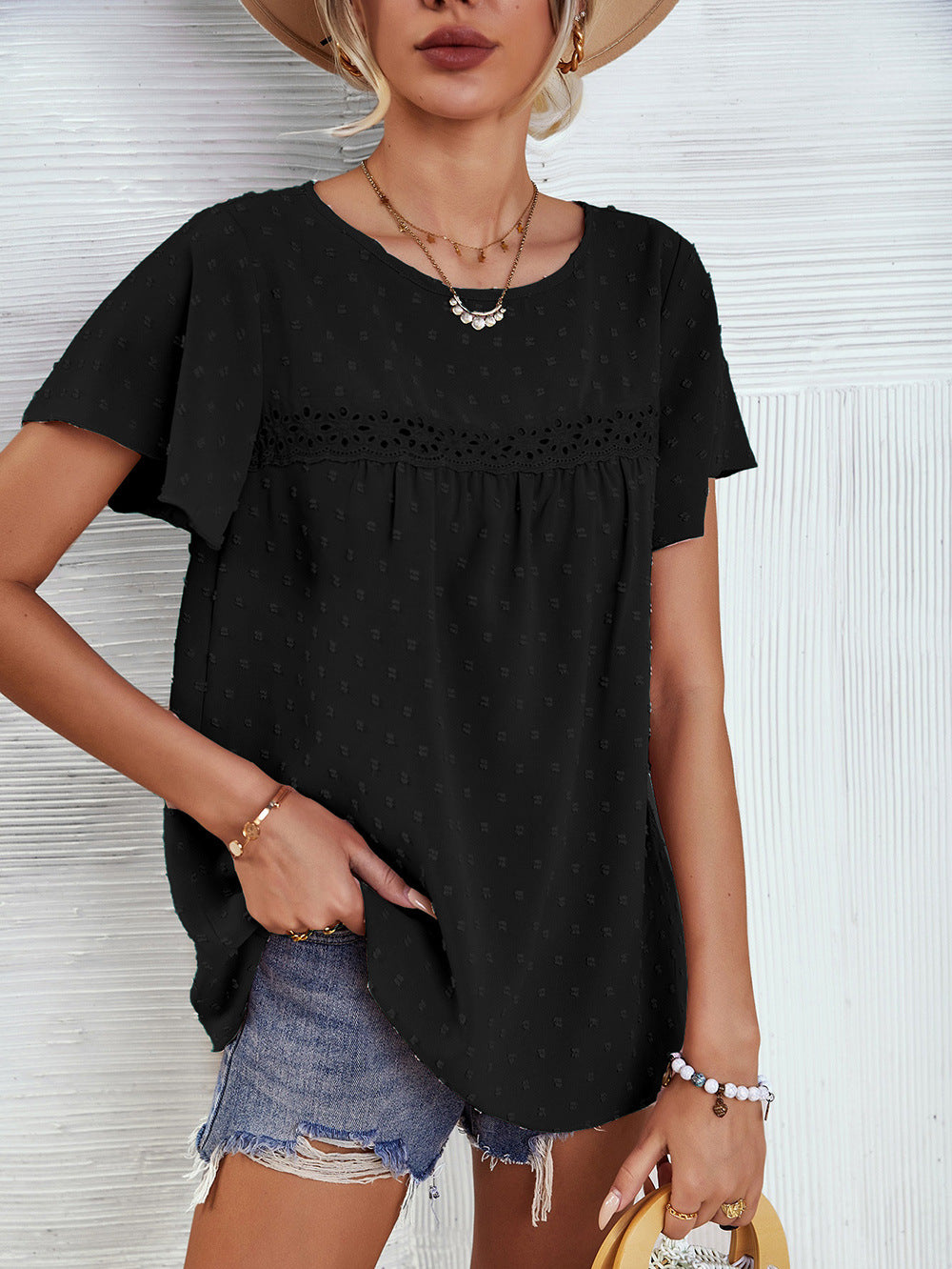 Solid Color Lace Babydoll Short Sleeve Summer Top