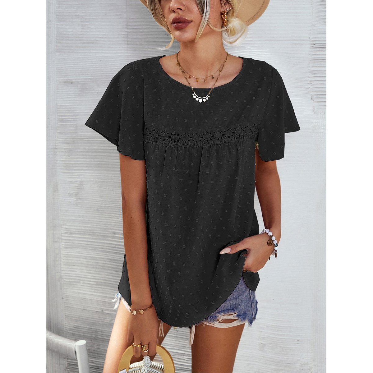 Solid Color Lace Babydoll Short Sleeve Summer Top