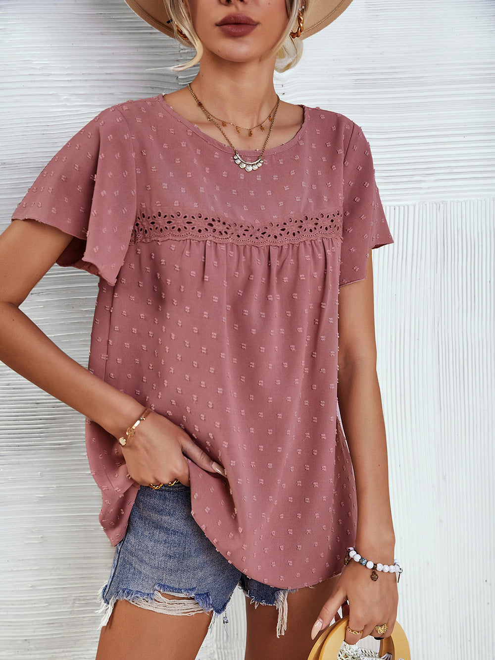 Solid Color Lace Babydoll Short Sleeve Summer Top