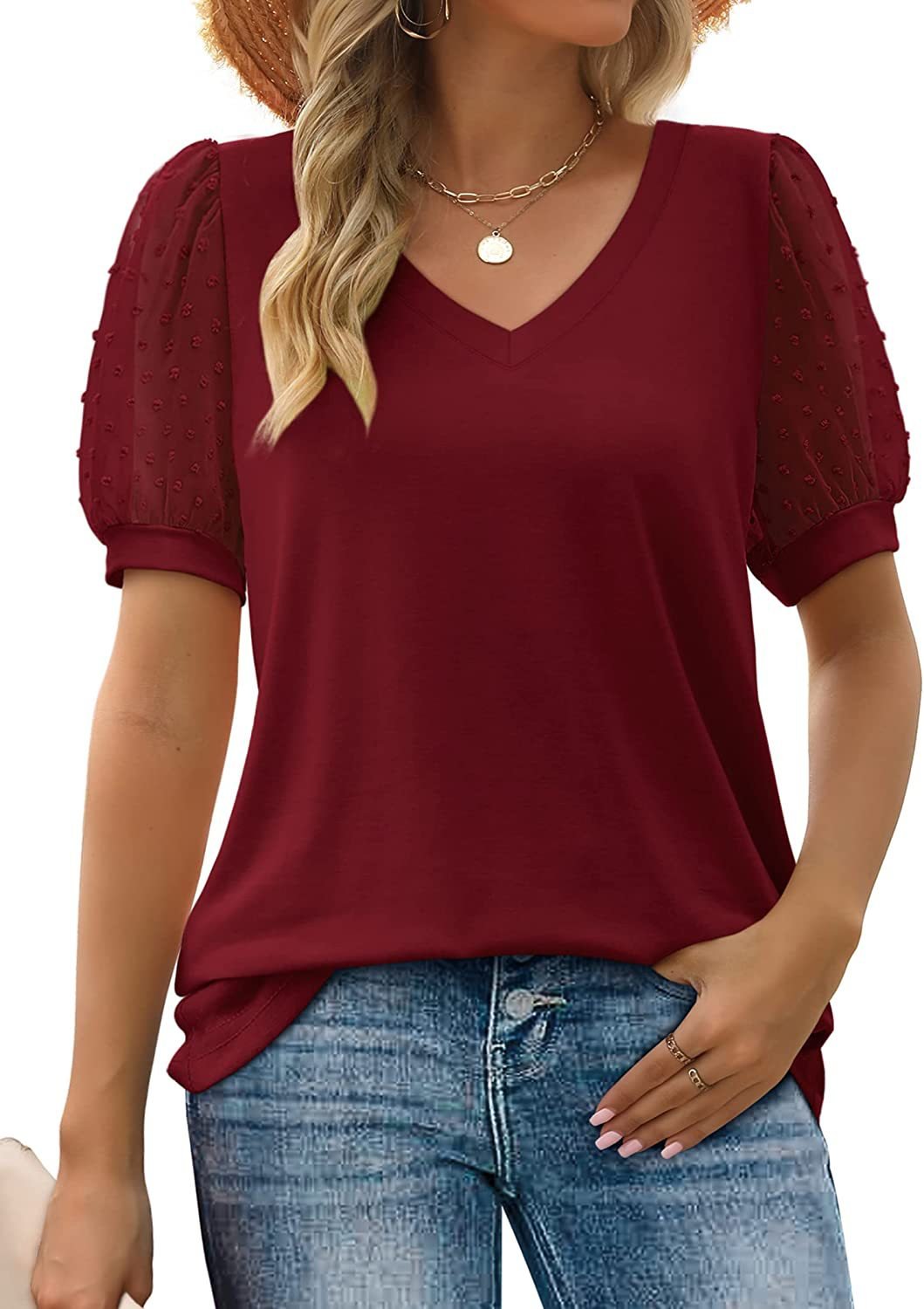 Women's Summer V-Neck Dot Puff Sleeve Casual Top